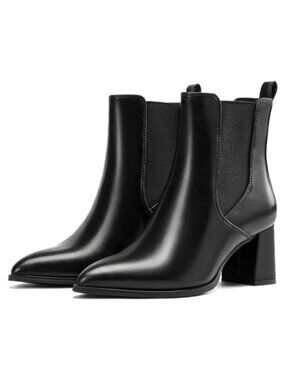 Women's Pointed Toe Ankle Boots Chunky Block Heel Slip On Chelsea Booties Faux